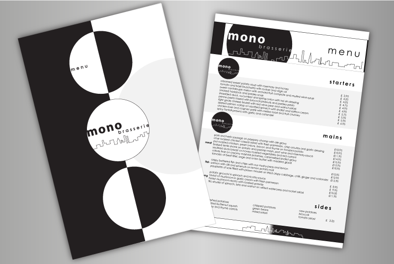 Mono Brasserie Restaurant menu designs