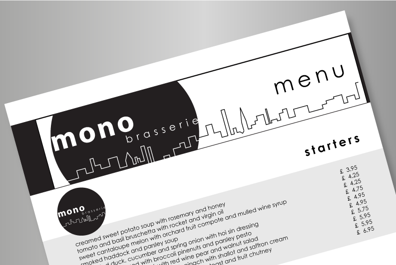 Mono Brasserie Restaurant menu designs