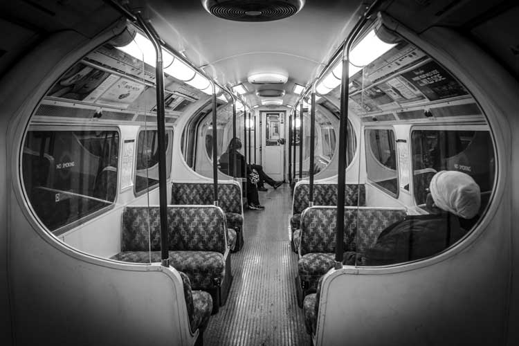 Inside a Bakerloo tube train carriage