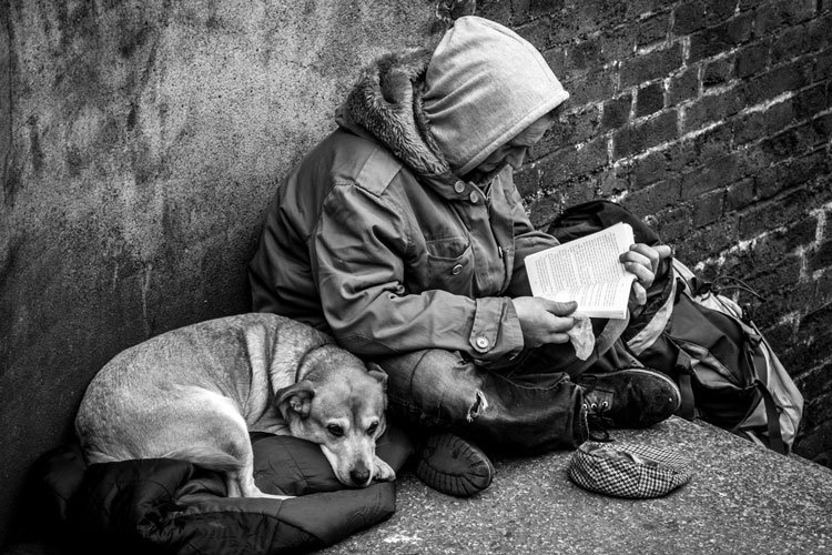 Homeless man reading