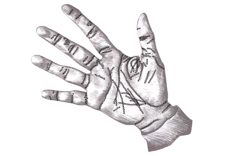 Hand sketch with lines of type reading "work"