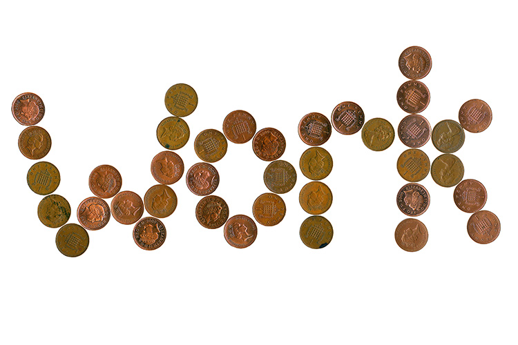 one penny coins spelling out the word "work"
