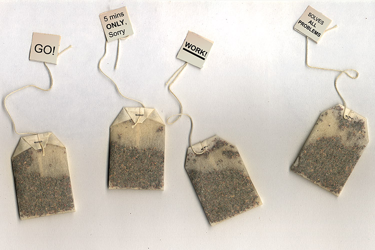 Tea bags with different draw string tabs showing different messages