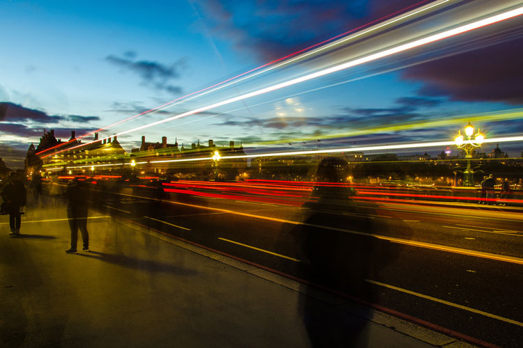 Colourful light streaks of traffic on Westminster Bridge